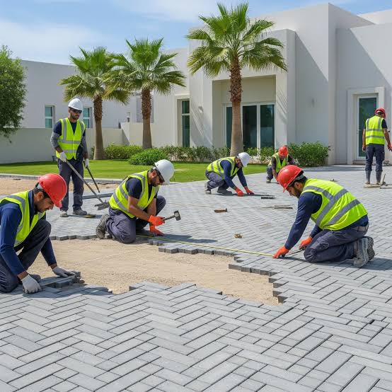 Contracting team installing interlock paving in Riyadh
